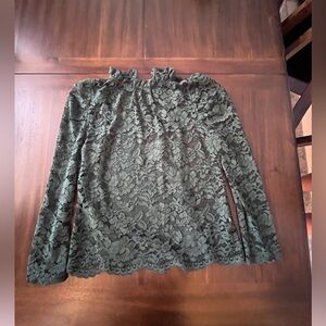 Anthropologie Adiva Olive Lace Long-Sleeve Ruffle Neck Blouse with Cami NWT